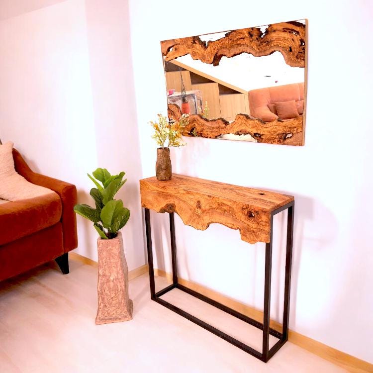 Hand made olive wood mirror and console table set