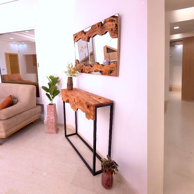 Hand made olive wood mirror and console table set