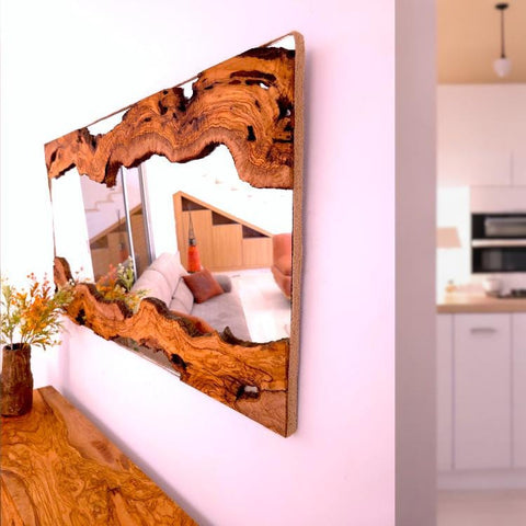 Hand made olive wood mirror and console table set
