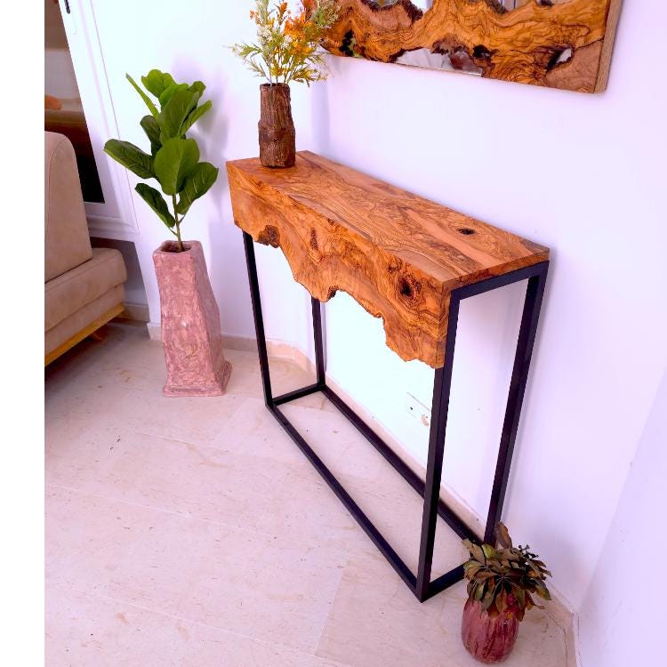 Hand made olive wood mirror and console table set
