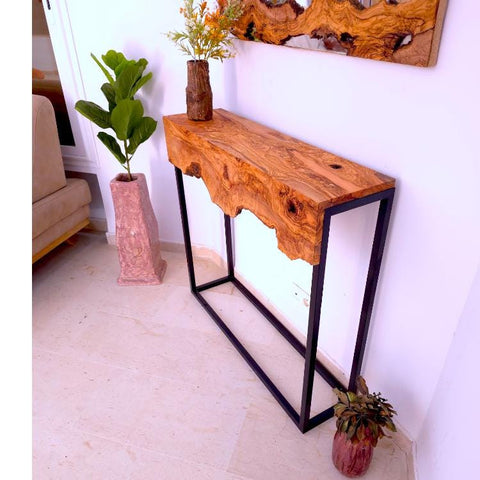 Hand made olive wood mirror and console table set