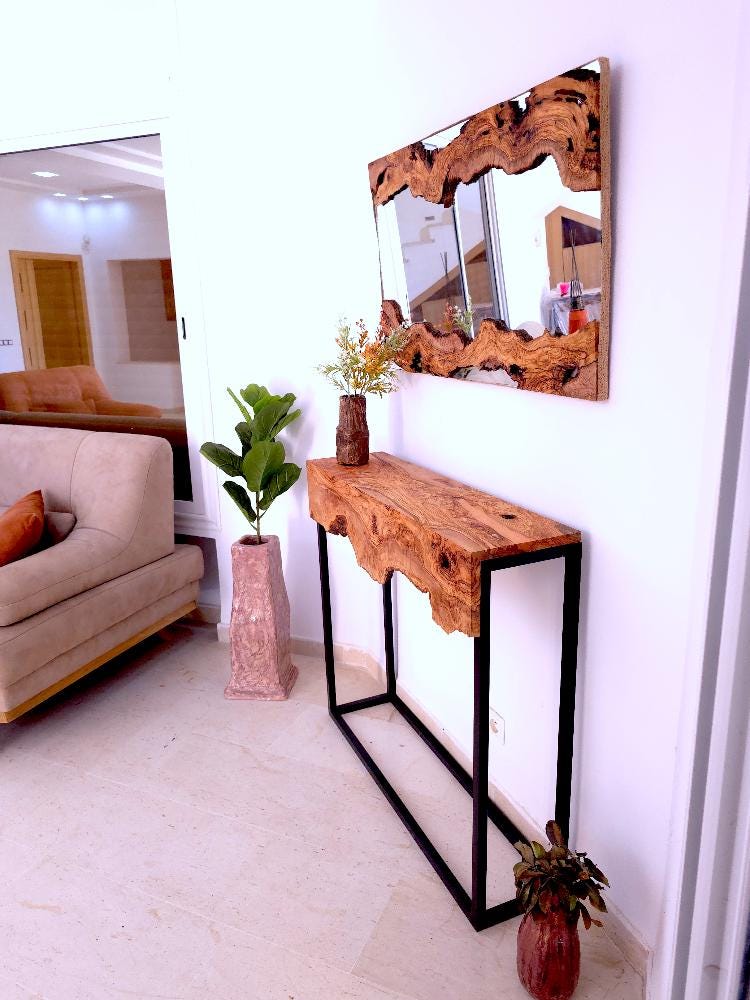 Hand made olive wood mirror and console table set