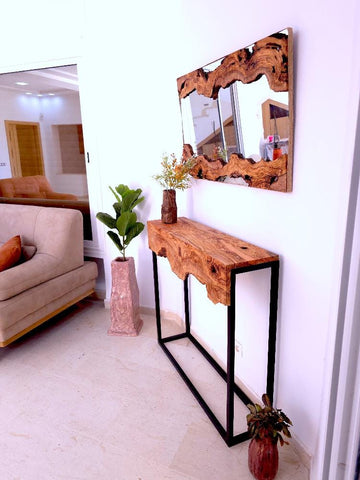 Hand made olive wood mirror and console table set