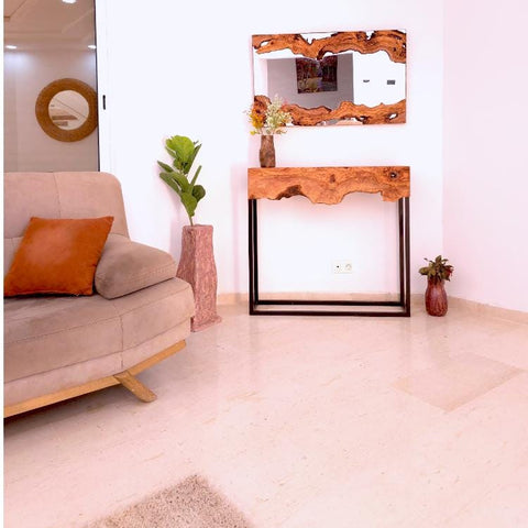 Hand made olive wood mirror and console table set