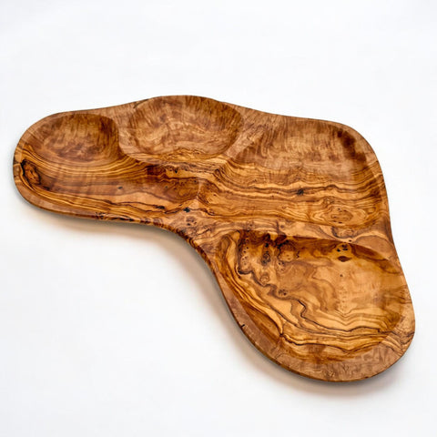 Olive Wood Divided Serving Platter | Multi Section Charcuterie Board Snack Tray