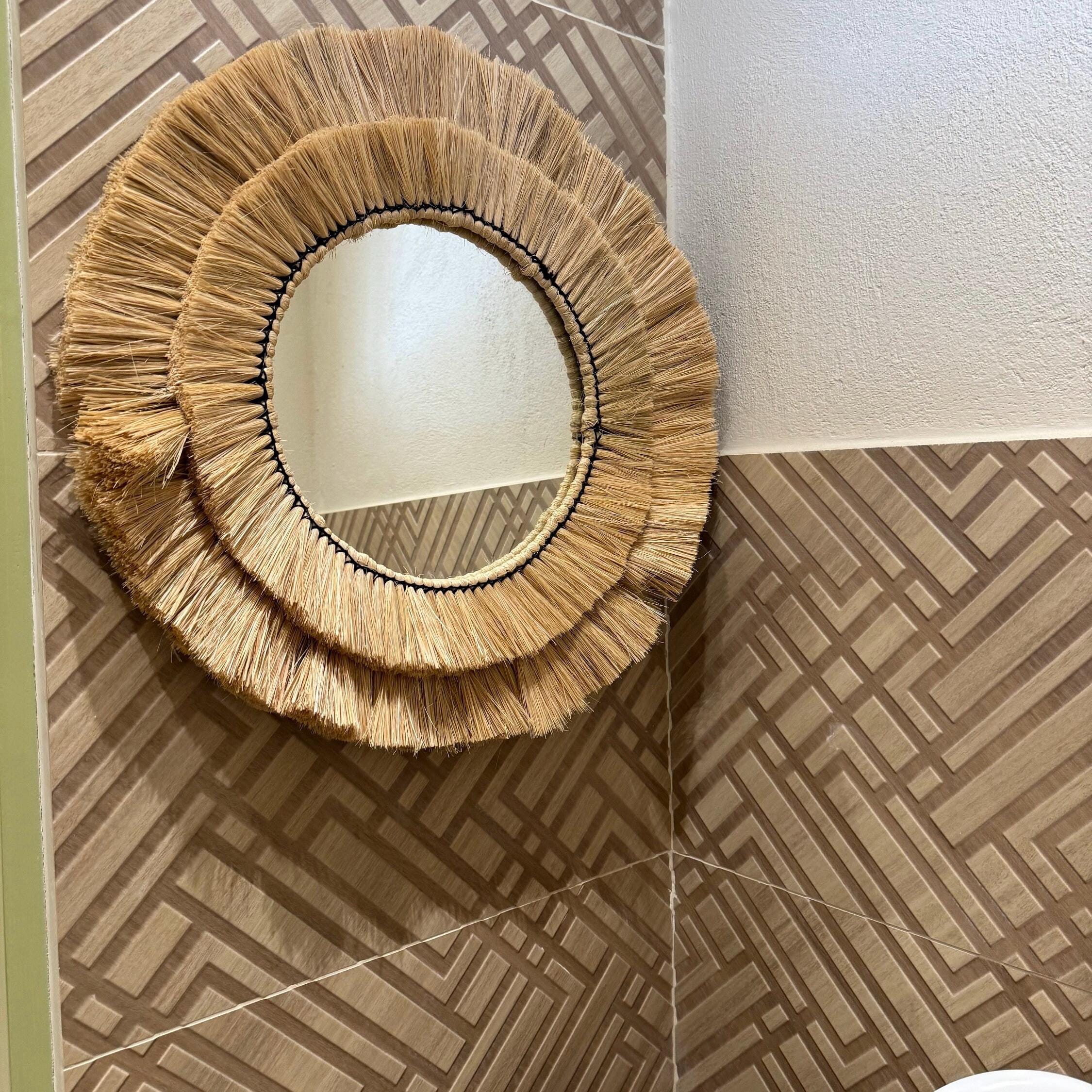 Natural Raffia Coastal Fringe Wall Round Mirror - Boho