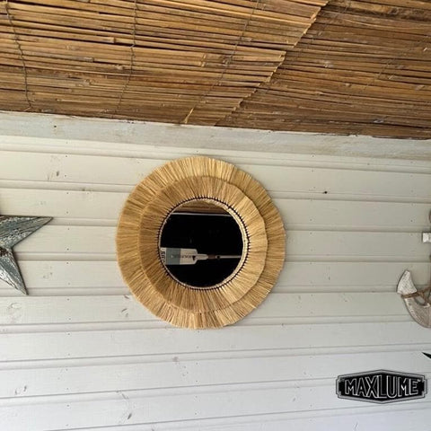 Natural Raffia Coastal Fringe Wall Round Mirror - Boho