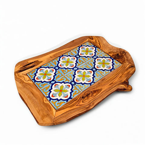 Rustic Olive Wood Ceramic Tray with Handle, serving tray, natural, handmade, gift
