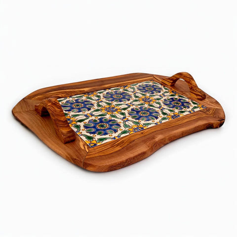 Rustic Olive Wood Ceramic Tray with Handle, serving tray, natural, handmade, gift