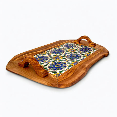 Rustic Olive Wood Ceramic Tray with Handle, serving tray, natural, handmade, gift