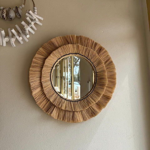 Natural Raffia Coastal Fringe Wall Round Mirror - Boho
