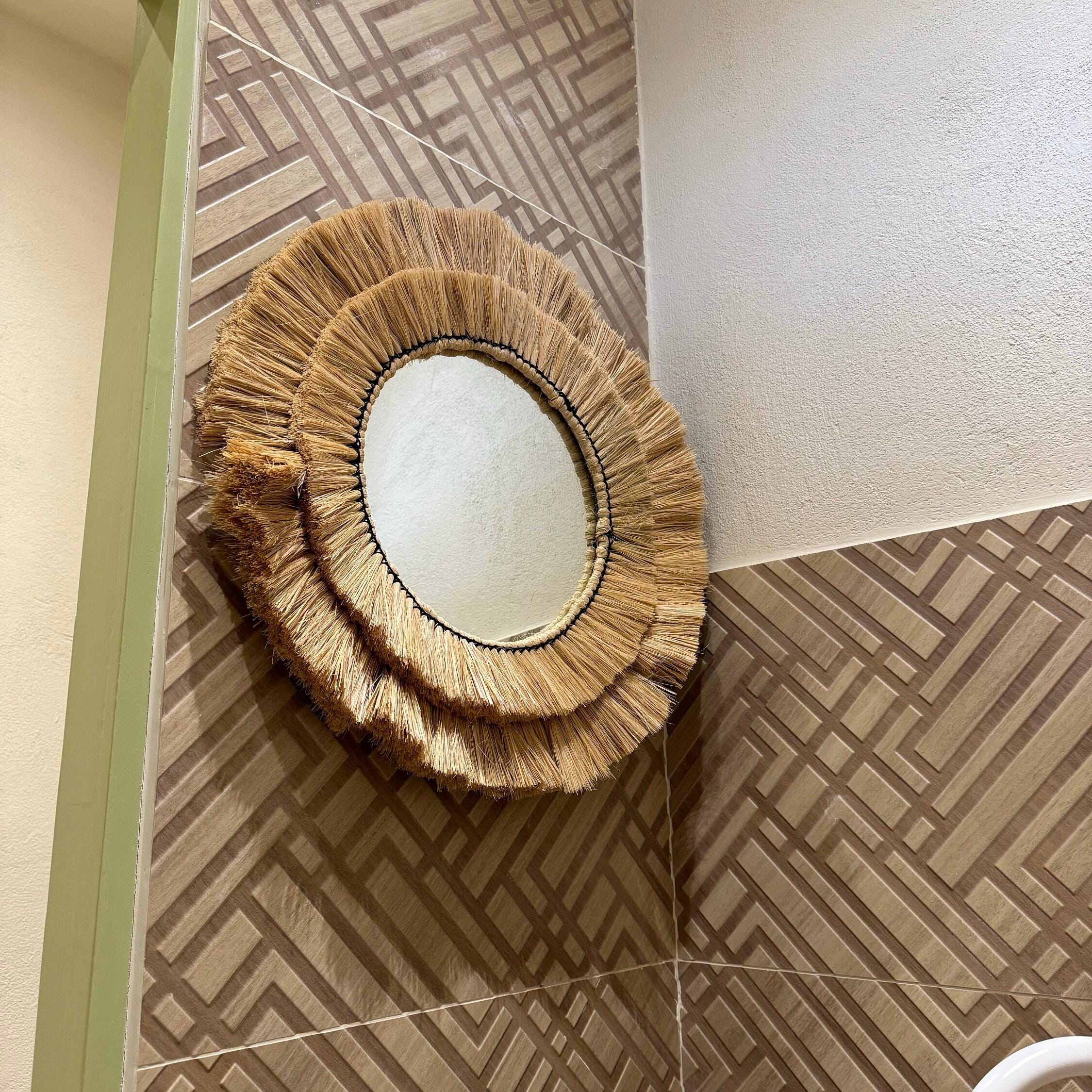 Natural Raffia Coastal Fringe Wall Round Mirror - Boho