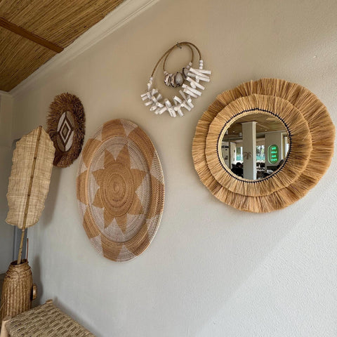 Natural Raffia Coastal Fringe Wall Round Mirror - Boho