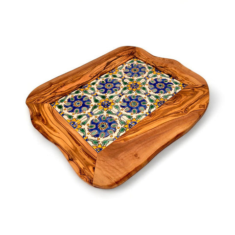 Rustic Olive Wood Ceramic Tray with Handle, serving tray, natural, handmade, gift