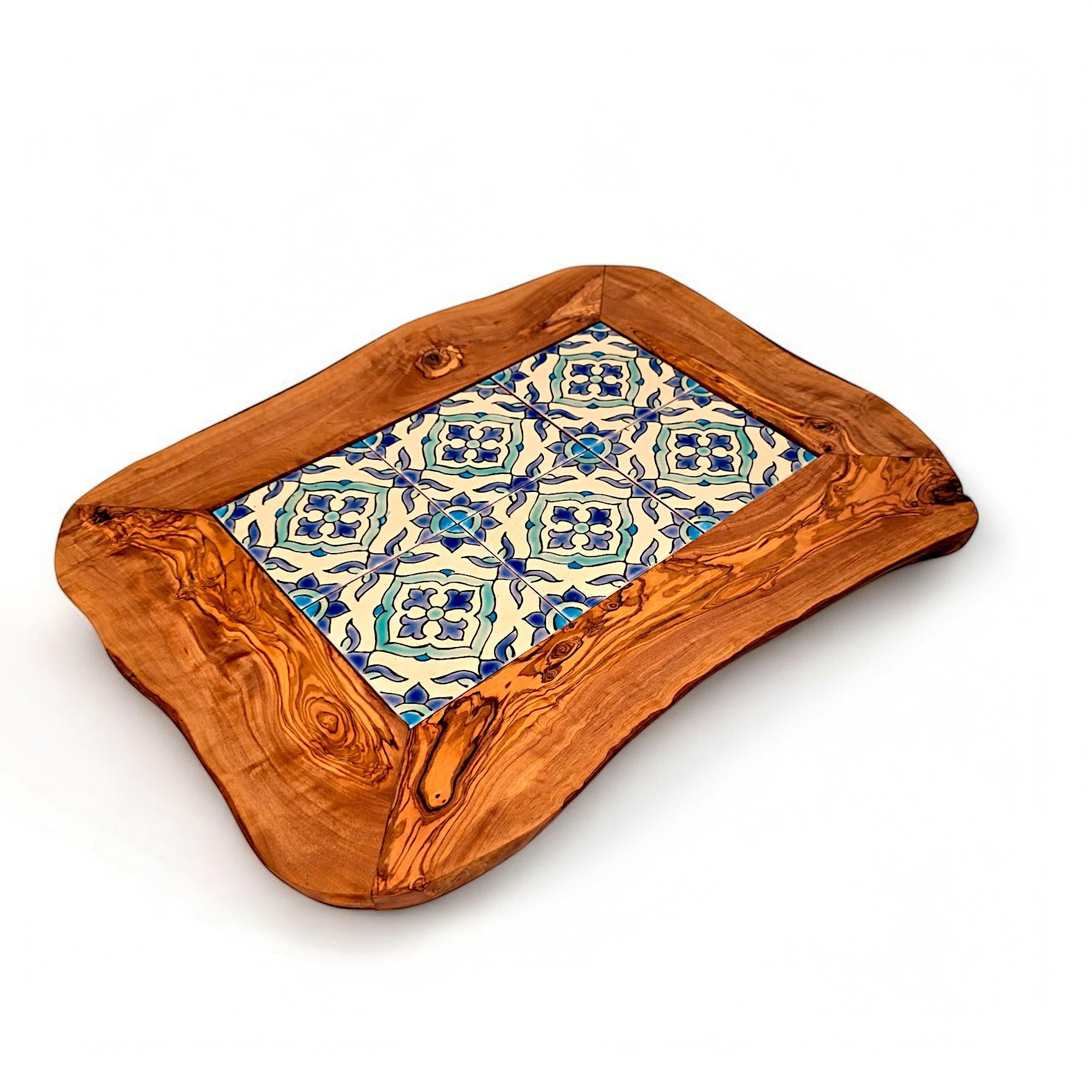 Rustic Olive Wood Ceramic Tray with Handle, serving tray, natural, handmade, gift