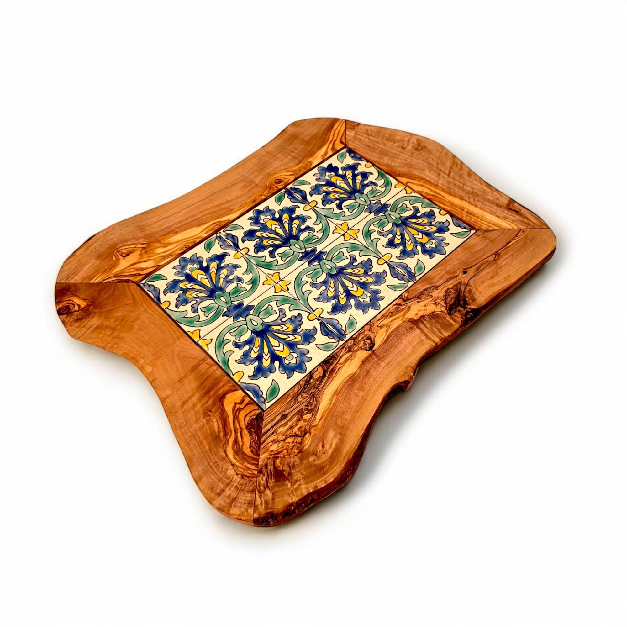 Rustic Olive Wood Ceramic Tray with Handle, serving tray, natural, handmade, gift