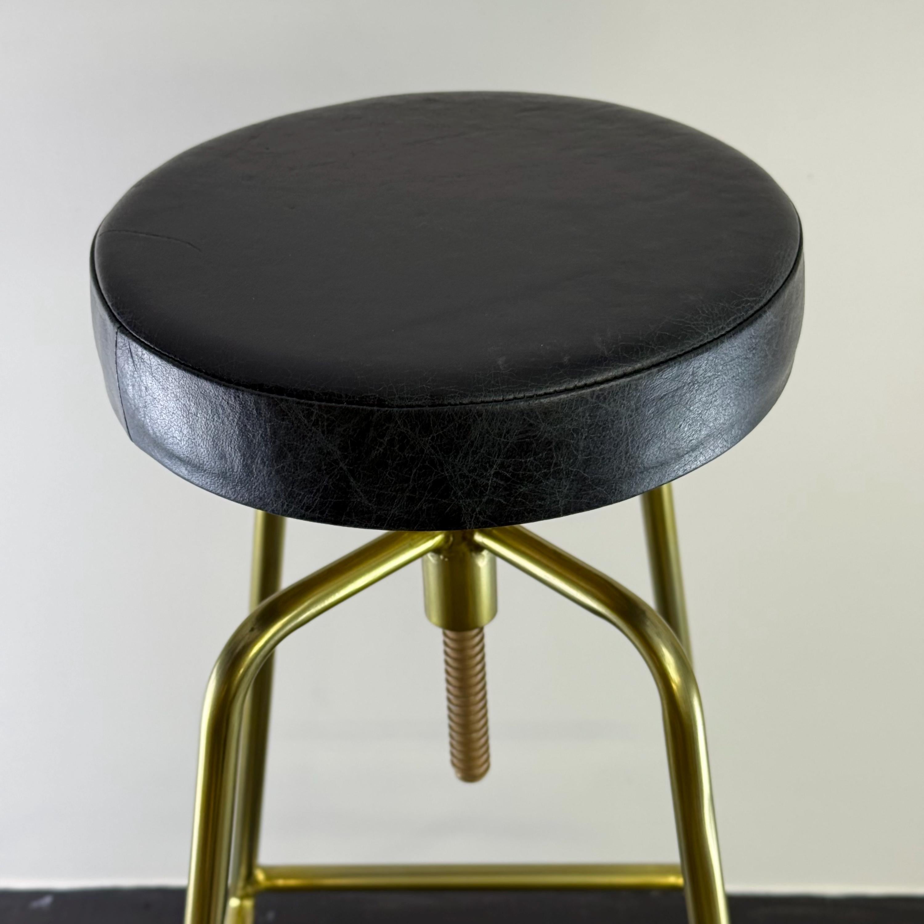 Brass Bar Adjustable Stool Black Leather Top Seat | Vintage Industrial Style