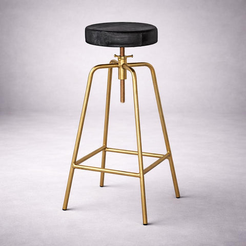 Brass Bar Adjustable Stool Black Leather Top Seat | Vintage Industrial Style