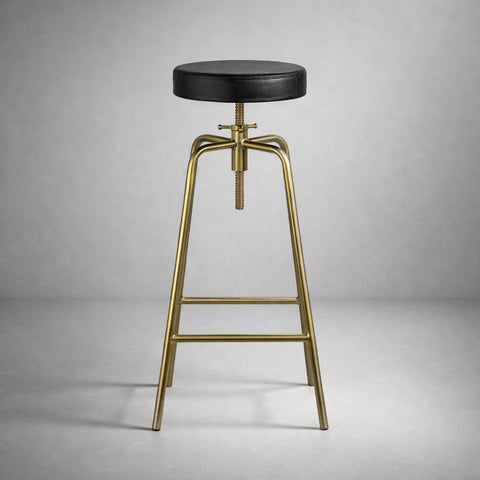 Brass Bar Adjustable Stool Black Leather Top Seat | Vintage Industrial Style