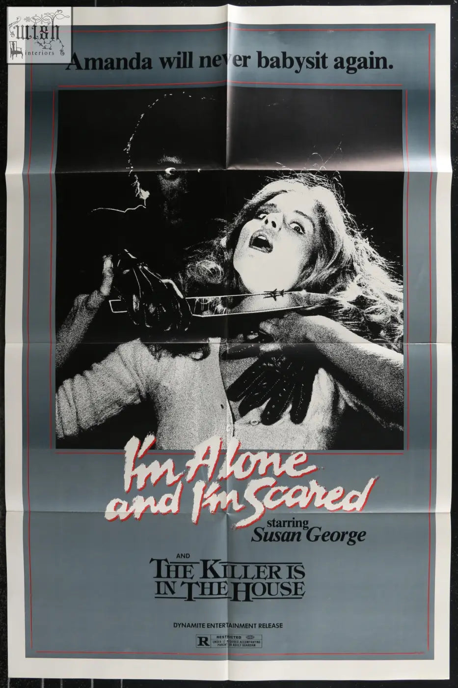 Black and white sheet movie poster for im alone and im scared featuring susan george with shadowy figure and knife