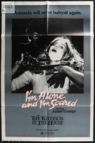 Black and white sheet movie poster for im alone and im scared featuring susan george with shadowy figure and knife