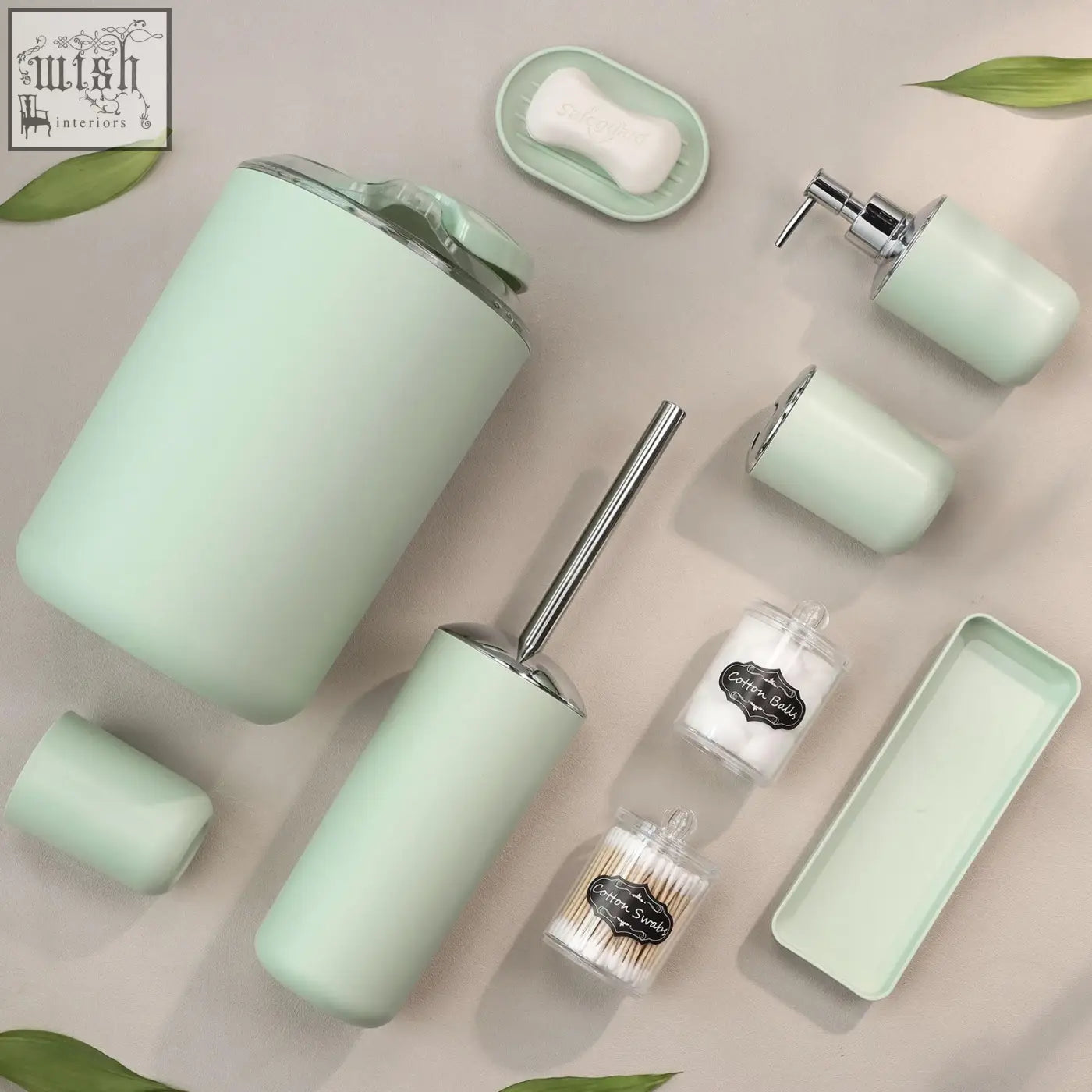 Mint green matte plastic bathroom accessories set 8 pcs including trash can soap dispenser and toothbrush holder