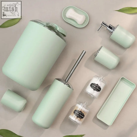 Mint green matte plastic bathroom accessories set 8 pcs including trash can soap dispenser and toothbrush holder