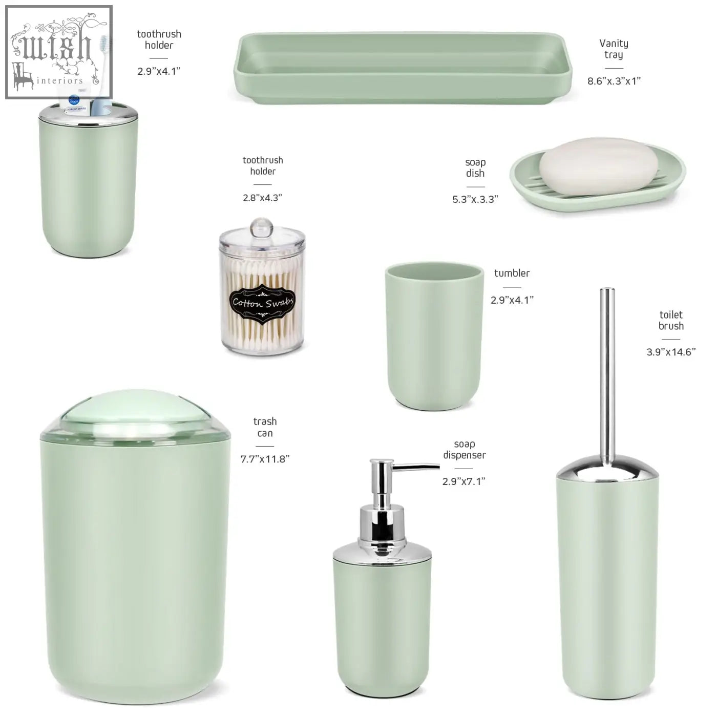 Mint green ceramic bathroom accessories set with chrome accents including soap dispenser and toothbrush holder