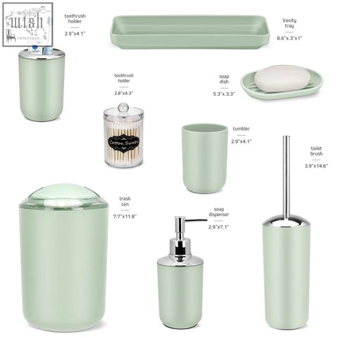 Mint green ceramic bathroom accessories set with chrome accents including soap dispenser and toothbrush holder