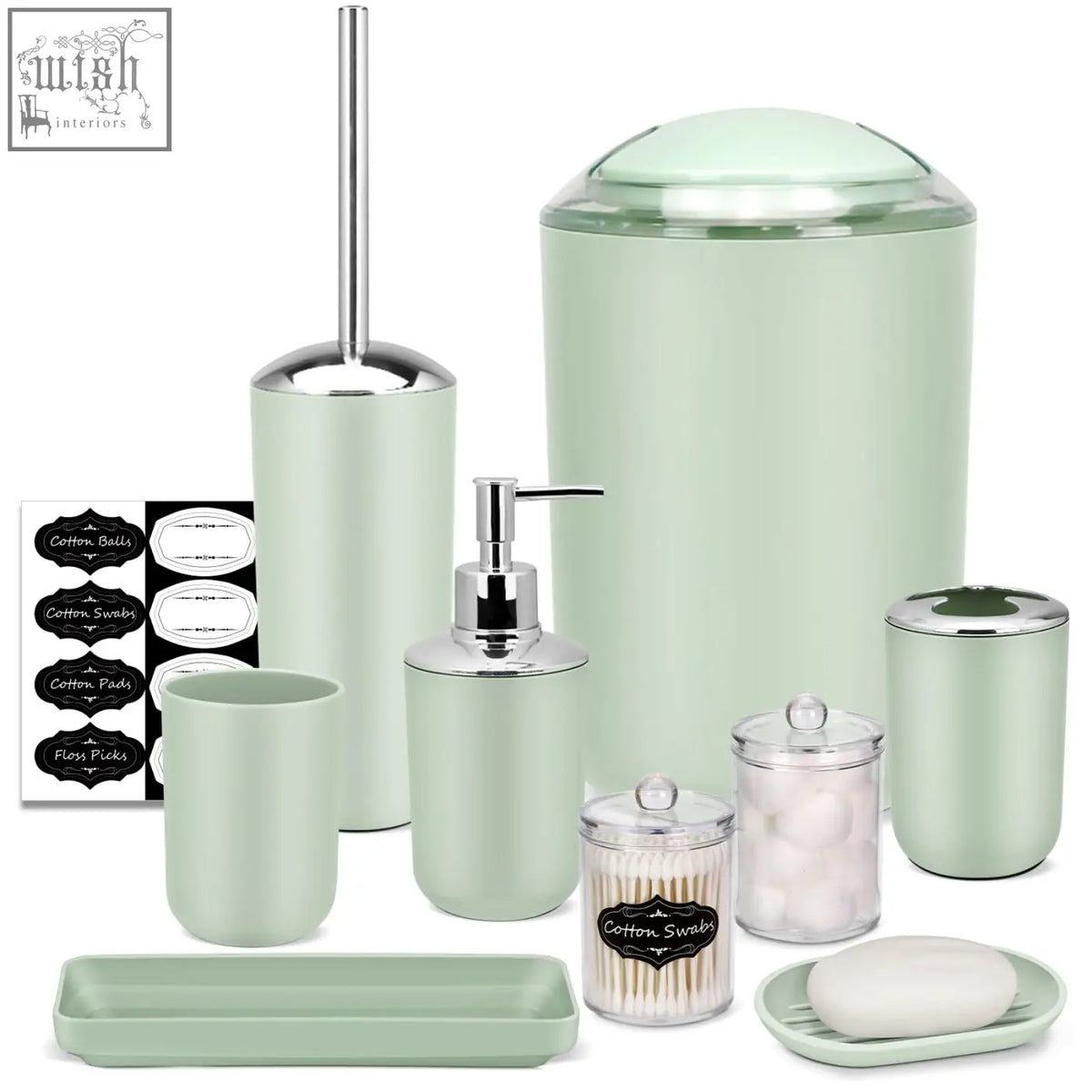Imavo bathroom accessories set in mint green with chrome accents includes soap dispenser toothbrush holder and trash can