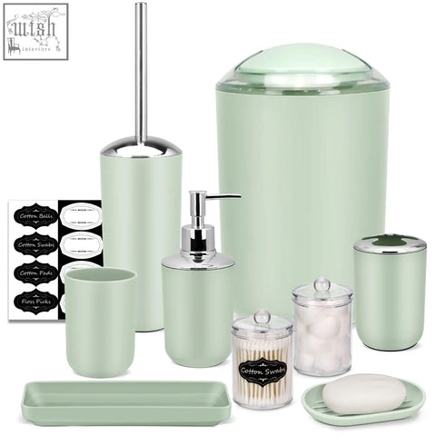 Imavo bathroom accessories set in mint green with chrome accents includes soap dispenser toothbrush holder and trash can
