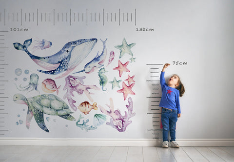 Ocean Wall Decal - Watercolour Sea Life Stickers - Colourful Ocean Theme