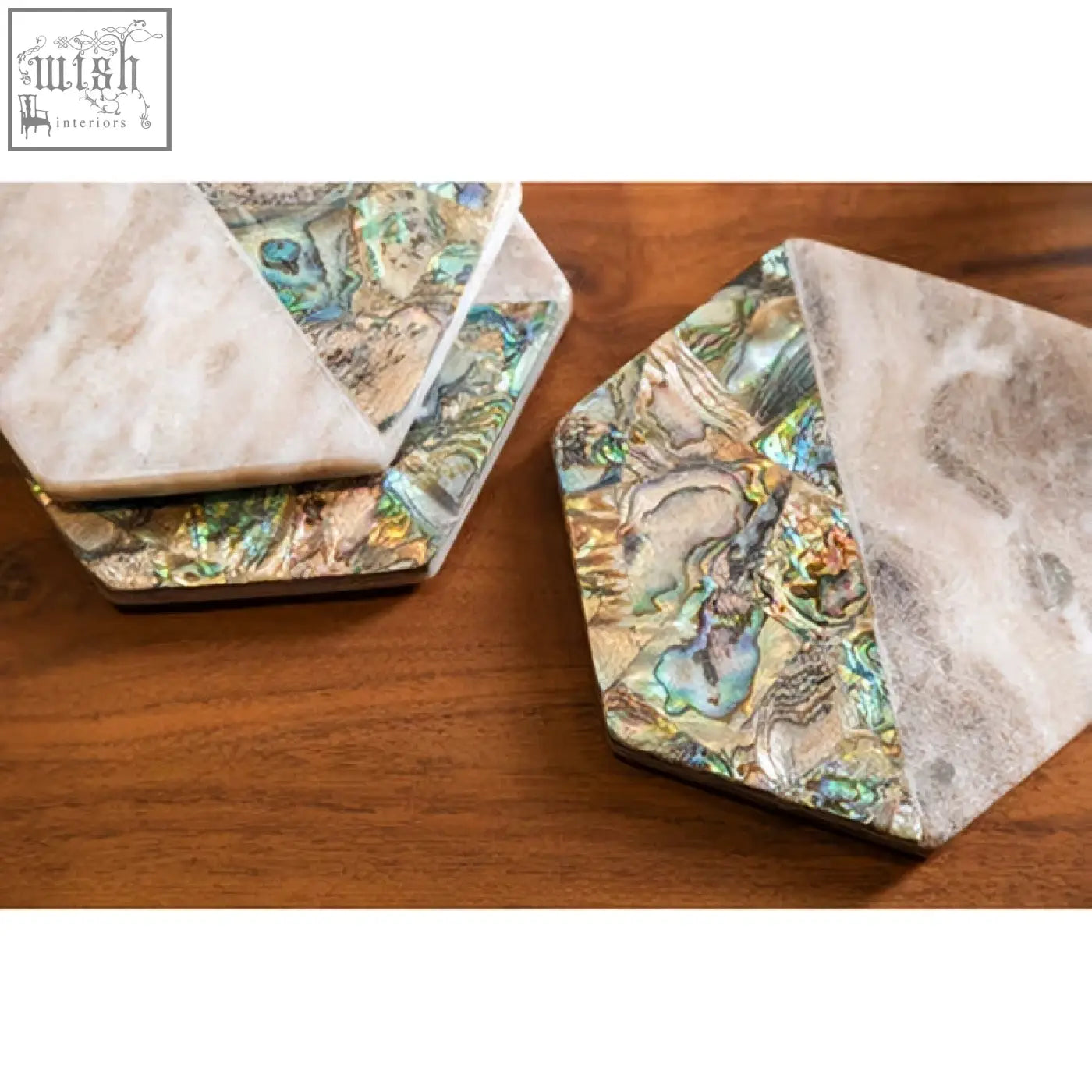Hexagonal coasters set of four beige marble with striking iridescent paua shell inlay and light gray stone base