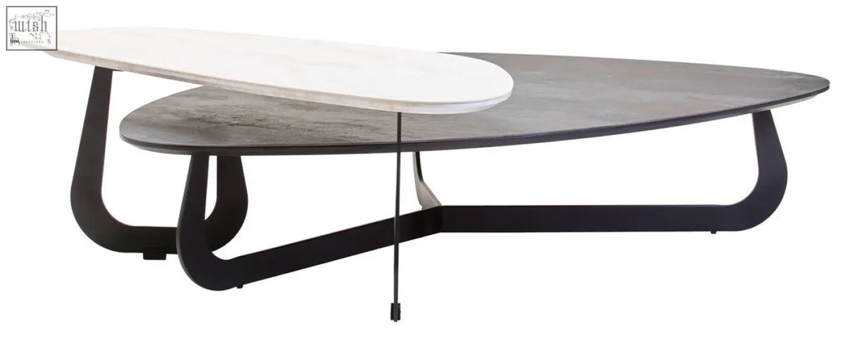 Imperia large asymmetrical ceramic coffee table with white marble top dark gray stone surface and black metal legs
