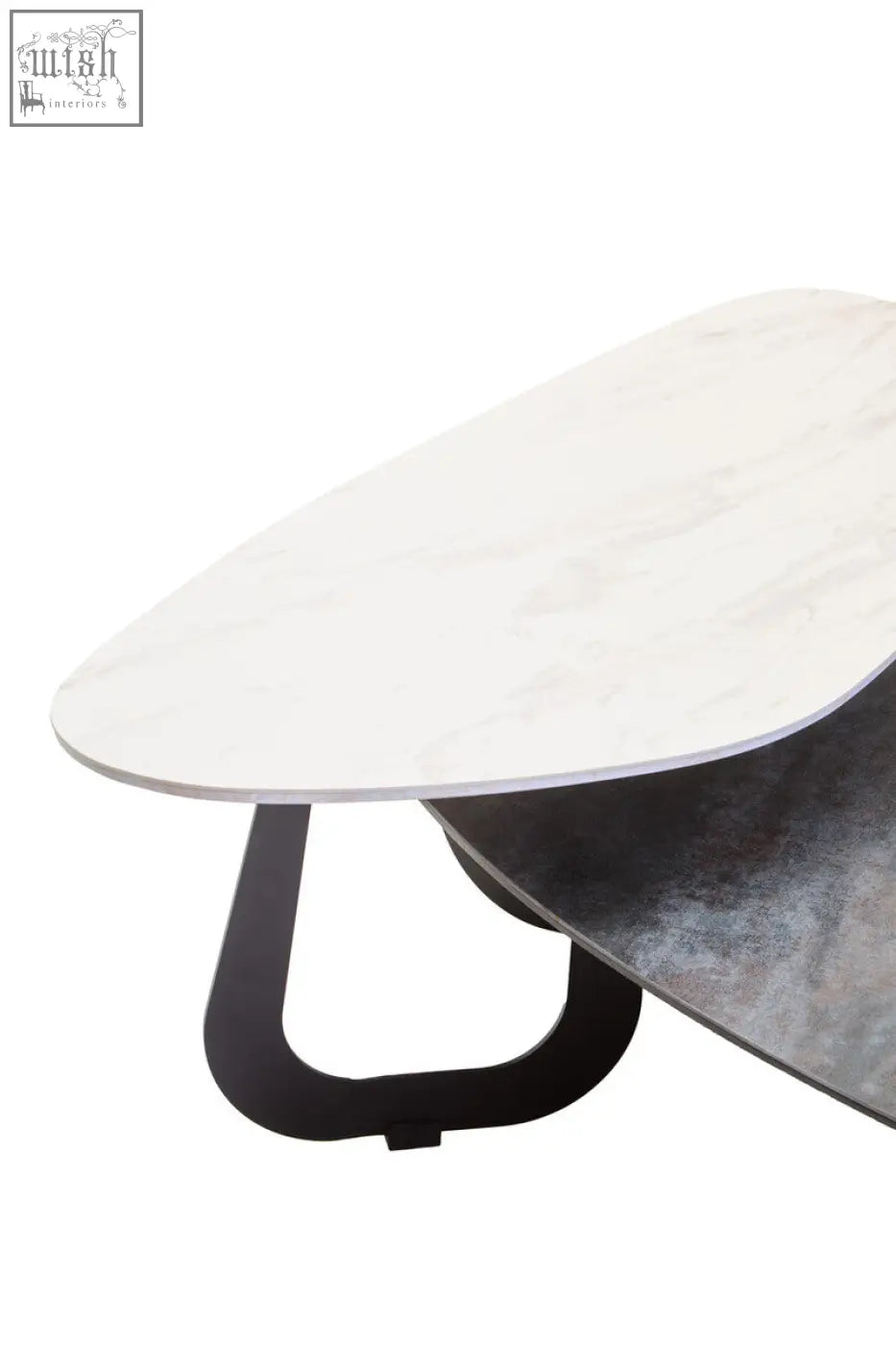 Imperia 2 tier large asymmetrical ceramic coffee table with sleek white marble top and black metal frame
