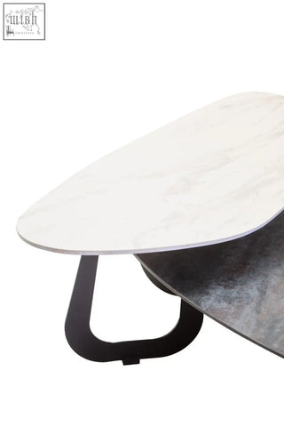 Imperia 2 tier large asymmetrical ceramic coffee table with sleek white marble top and black metal frame