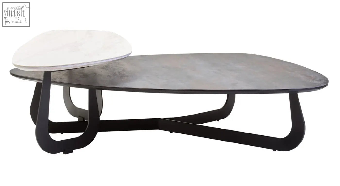 Modern imperia large asymmetrical ceramic coffee table with white marble and dark gray concrete tops on black legs