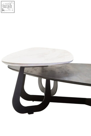 Modern imperia 2 tier large asymmetrical ceramic coffee table with white marble top and black metal legs