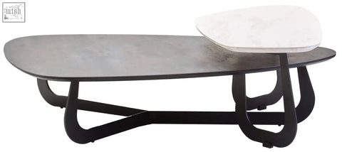 Imperia 2 tier large asymmetrical ceramic coffee table with matte gray concrete top and white marble inset on black legs