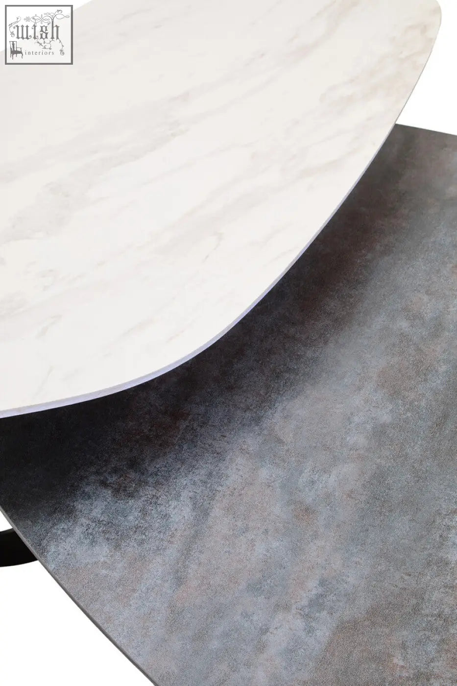 Modern imperia 2 tier large asymmetrical ceramic coffee table with white marble top and dark gray concrete base