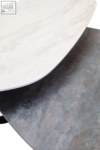 Modern imperia 2 tier large asymmetrical ceramic coffee table with white marble top and dark gray concrete base