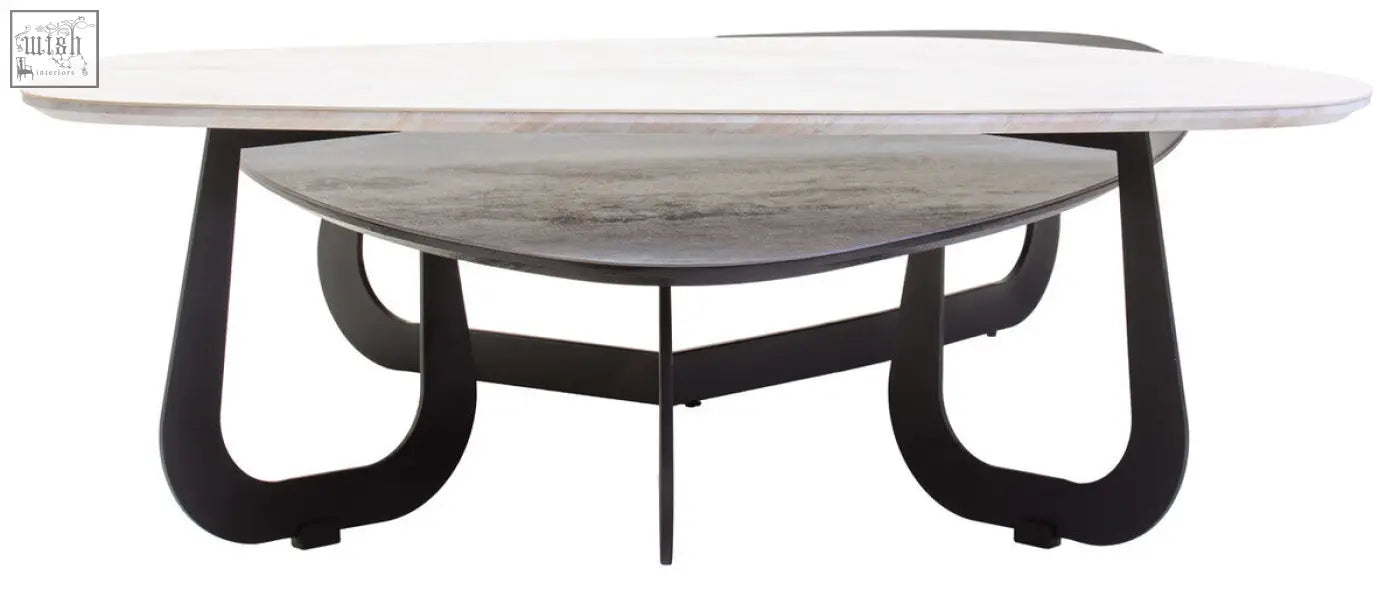 Modern large asymmetrical ceramic coffee table with white marble top dark gray stone shelf and black metal legs