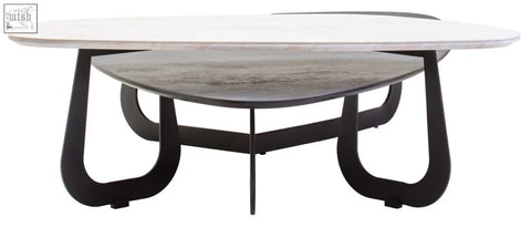 Modern large asymmetrical ceramic coffee table with white marble top dark gray stone shelf and black metal legs