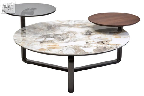 Imperia 3 tier round ceramic marble effect coffee table with marble top wood accents and black metal legs