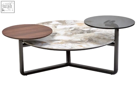 Modern imperia 3 tier round ceramic marble coffee table with marble effect top, wood and glass side tables, black metal legs