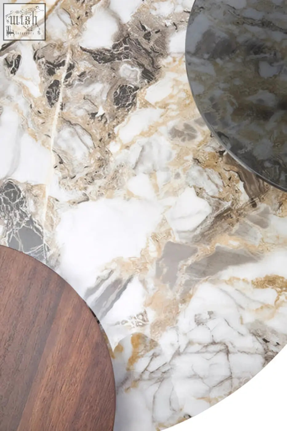 Imperia 3 tier round ceramic marble coffee table with sleek white base and swirling gold and gray marble effect top