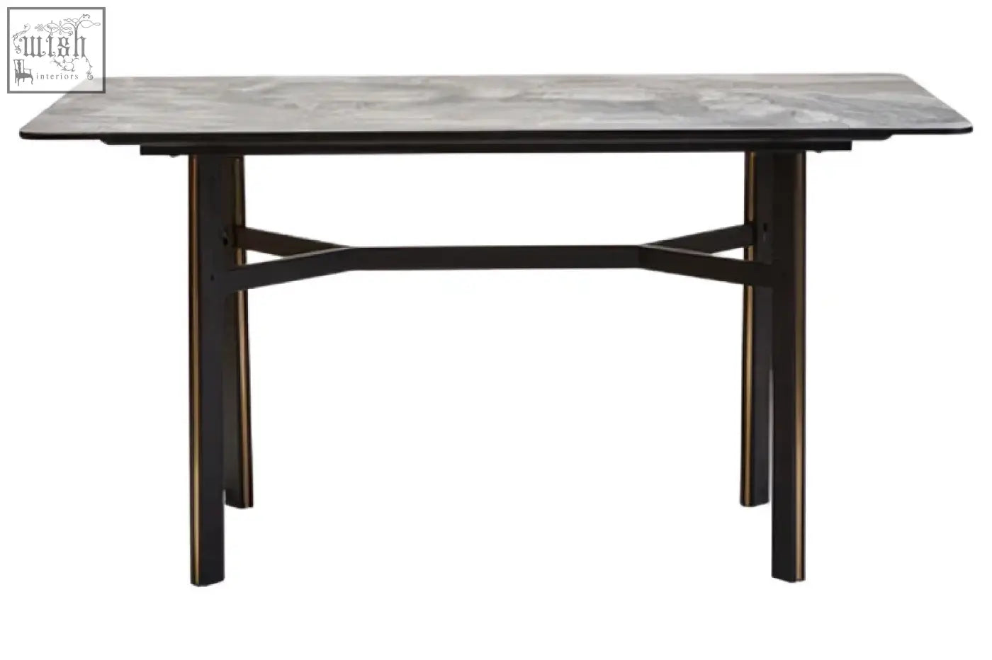Dark gray rectangular dining table with ceramic marble effect top and black metal x-shaped support legs