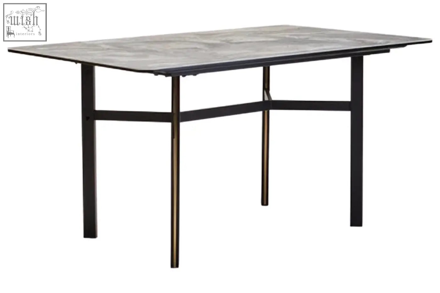 Modern black metal rectangular dining table with ceramic marble effect top featuring subtle geometric patterns