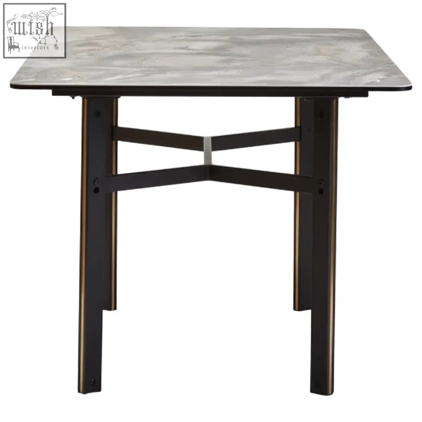 Imperia ceramic marble effect rectangular dining table with gray marble top and dark bronze metal x-shaped legs