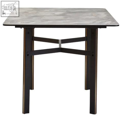 Imperia ceramic marble effect rectangular dining table with gray marble top and dark bronze metal x-shaped legs